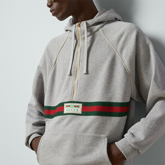 gucci heather grey washed knit half‑zip web stripe hoodie